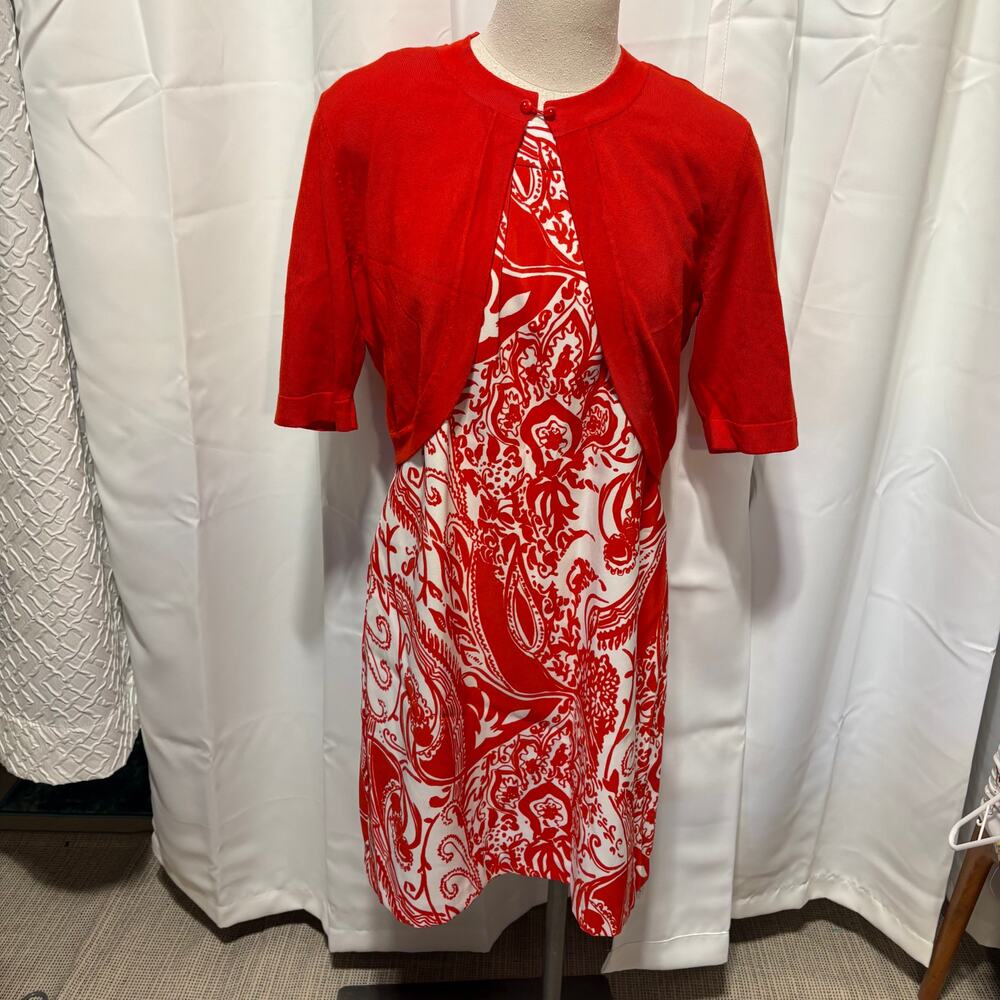 Perceptions NY OrangeWhite Sleeveless Midi Dress w/ Matching sweater size 12